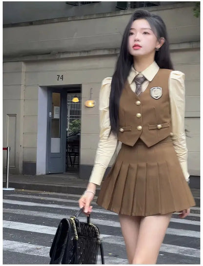 2024 england style uniform jk set suit autumn new suit waistcoat long sleeve shirt pleated skirt fashion three-piece women w753