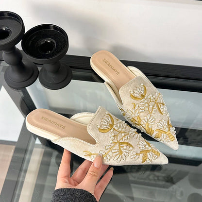 Embroidery Women Mules Slippers Luxury Elegant Pointed Toe Slides Shoes Ladies Sandalias Pointed Bead Embroidery Roman Style