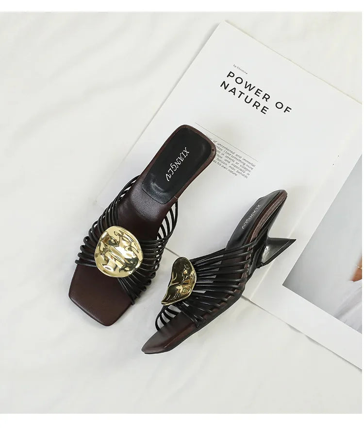 Luxury Designer Square Toe Slippers Heeled Sandals for Woman Shoes 2026 New Elegant Pumps Flip Flops Dress Summer Mujer Zapatos
