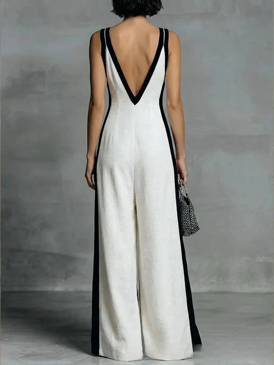 2026 summer new fashion women's V-neck sleeveless contrasting color suspender wide-leg jumpsuit