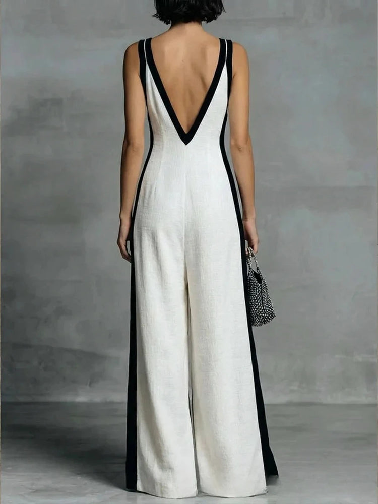 2026 summer new fashion women's V-neck sleeveless contrasting color suspender wide-leg jumpsuit