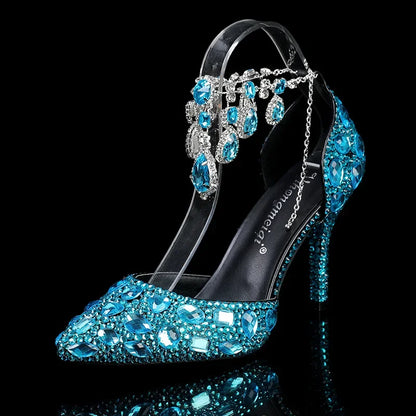 2024 Autumn Slim Heels Shallow Mouth Luxury Blue Water Diamond Pearl Women Single Shoes 9CM Wedding Party Shoes Sandalias Mujer