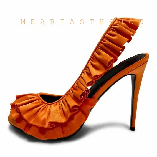 Solid Satin Ruffles Stiletto Sandals Women Elegant Back Strap Sweet Party Flower Shoes Ladies Open Toe Leopard Evening Sandals