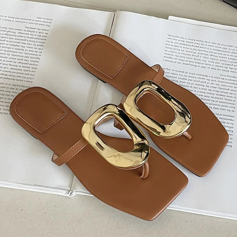 New In 2025 Luxury Women Slippers Summer Beach Fashion Metal Flip Flops Female Slides Slippers Ladies Flats Sandals Shoes