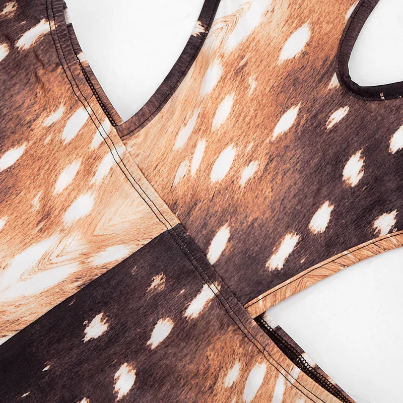 FAGADOER Deer Print Sexy Hollow Out Romper Hot Girl Bandage Halter Shorts Backless Bodycon Jumpsuits New Trendy Streetwear