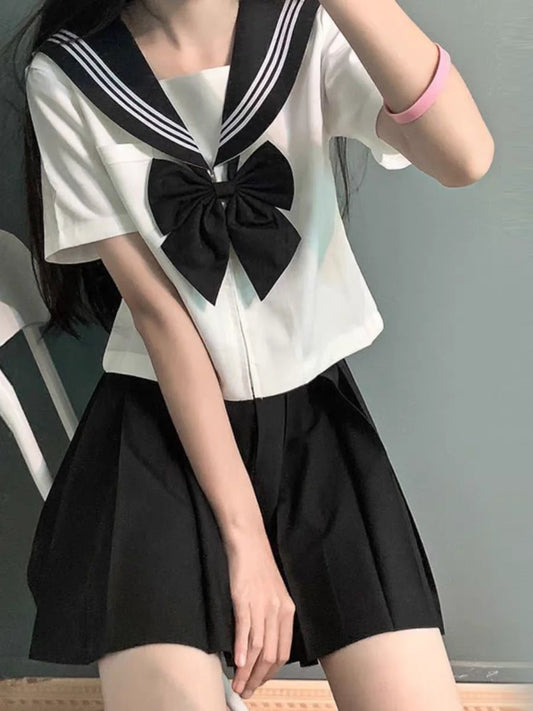 Basic JK Black Collar White Lines School Uniform Girl Sailor Suits Pleated Skirt Japanese Style Clothes Anime COS Costumes Women