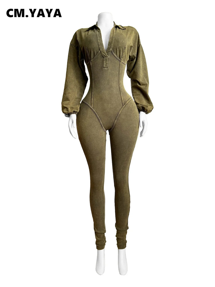 CM.YAYA Fashion Women Knit Ribbed Long Sleeve Moto Biker Jumpsuits 2024 Autumn Washed Street Playsuit One Piece Suit Romper