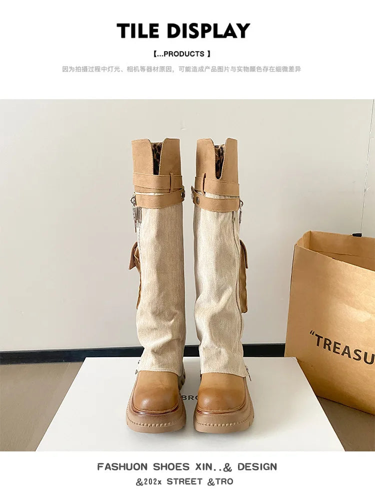Women Boots Suede Fashion Heeled Boots Women’s Winter Boots Leopard Designer Shoes 2026 Gothic Gladiator Snow Botas
