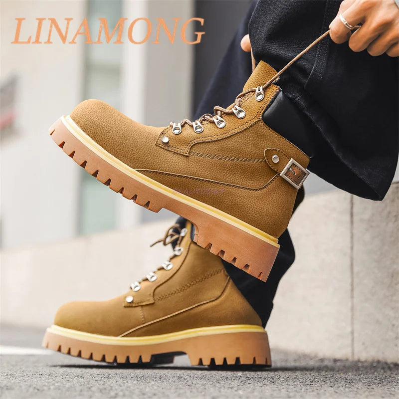 Yellow Workwear Boots Fashionable Front Strap Design Patchwork Thick Sole Buckle Decoration Anti Slip Couple's Short Boots