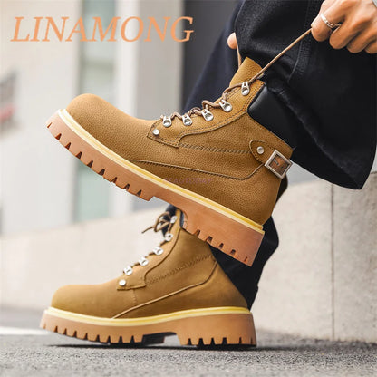 Yellow Workwear Boots Fashionable Front Strap Design Patchwork Thick Sole Buckle Decoration Anti Slip Couple's Short Boots