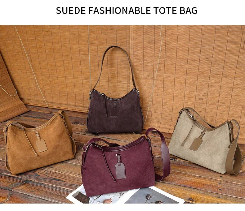 Winter Women's Natural Suede Leather Classic Underarm Bag Female Soft Cowhide Durable Handbags Ladies Luxury Designer Bags