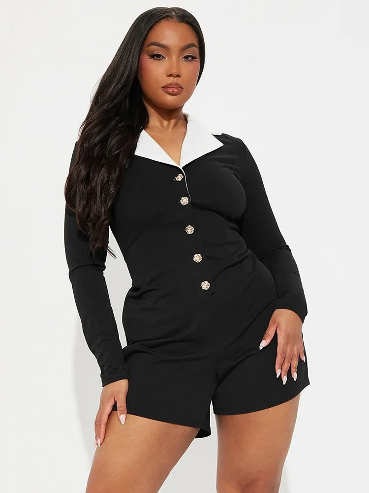 Weird Puss Elegant Lapel Patchwork Playsuits Women Hipster Long Sleeve Rose Button Stretch Activity Party Club Hipster Romper