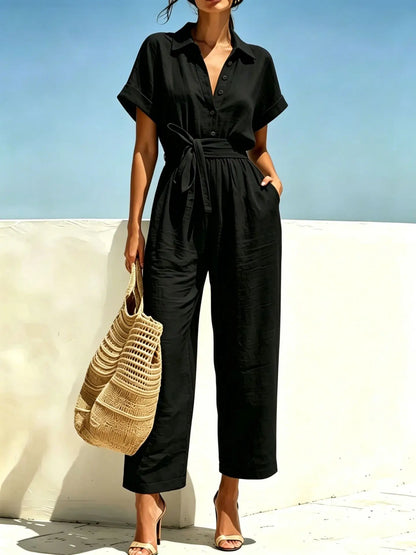 2026 Women's Shirts And Jumpsuits Fashion V-neck Lace Up Wide Legs Summer Casual Resort Female Short Sleeve Rompers Shirts Pants