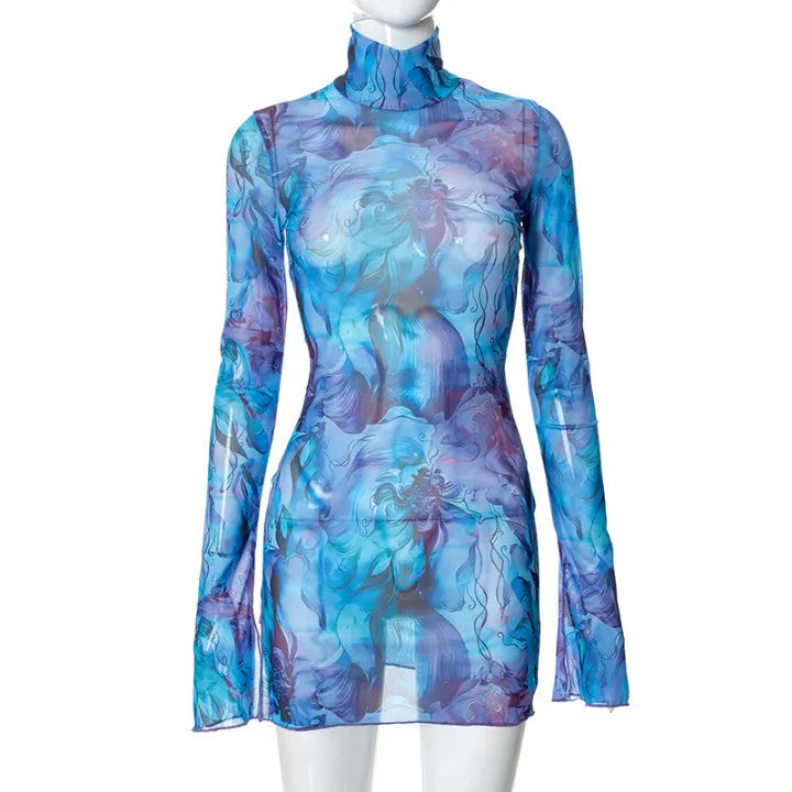 Flare Sleeve Color Printing Bodycon Dress Mini Women Clothing Turtleneck Sexy Streetwear High Waist Fashion One-Pieces Outfits