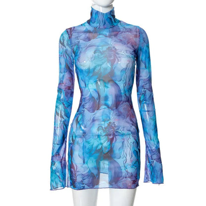 Flare Sleeve Color Printing Bodycon Dress Mini Women Clothing Turtleneck Sexy Streetwear High Waist Fashion One-Pieces Outfits