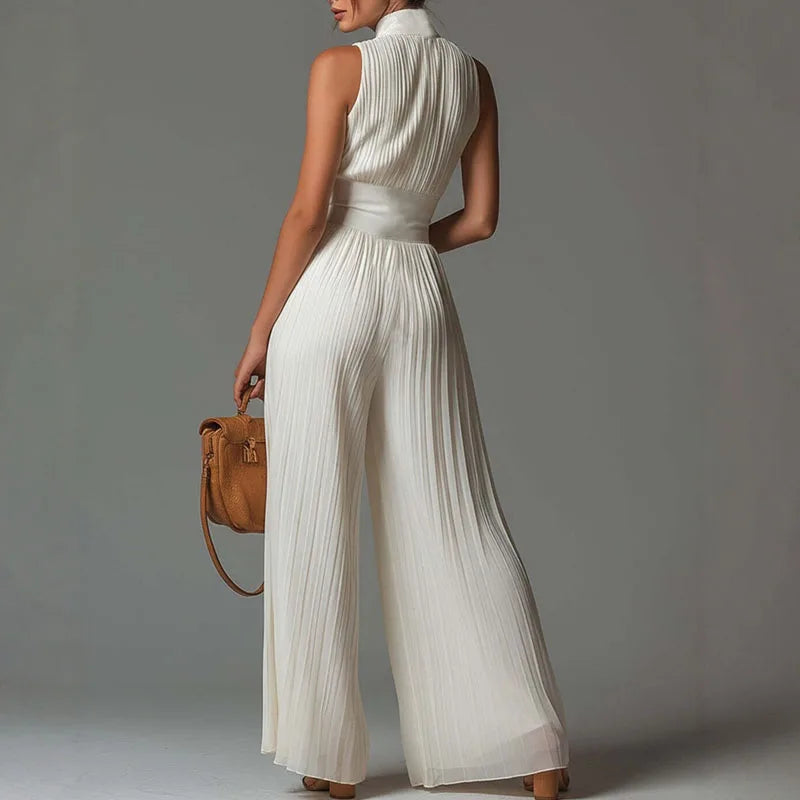 Women Elegant Chiffon Sleeveless Jumpsuit High Waist Pleated Flowy Wide Leg One Piece Overalls Holiday Casual Streetwear Rompers