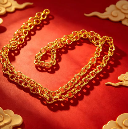 Luxury 9999 24K Solid gold certifid necklace popular men's ring necklace high-end interlocking sweater chain
