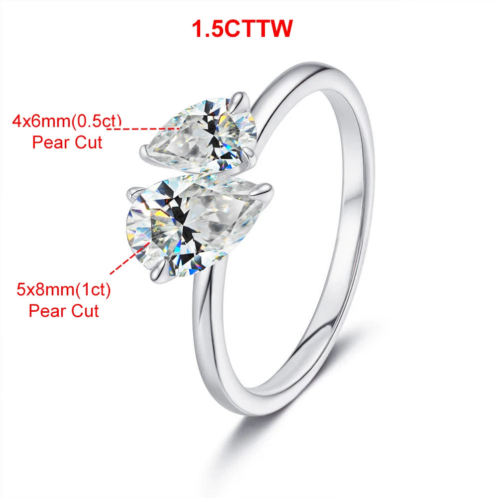 1.5cttw Double Pear Cut Moissanite Diamond Ring for Women Two Stone Toi Et Moi Wedding Bands 925 Silver 18k Gold Plated Jewelry