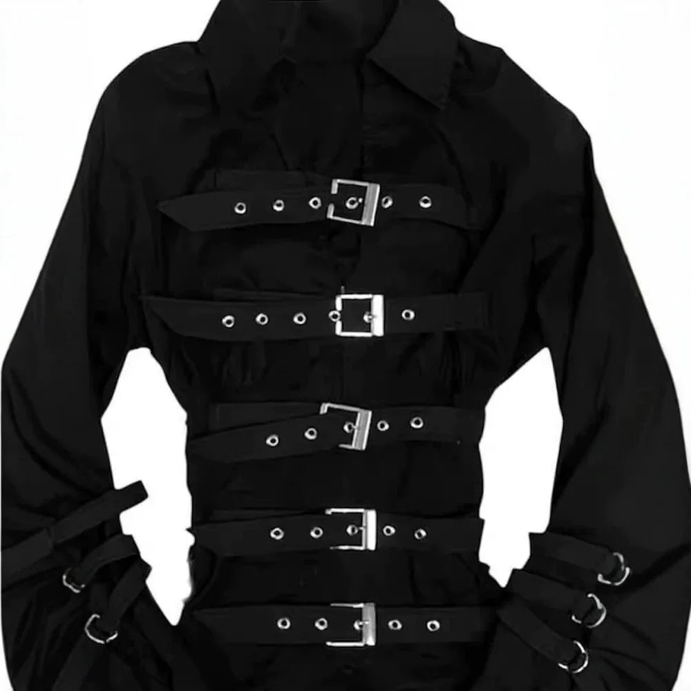 Dark Y2K subculture black shirt women's gothic high street metal buckle belt long sleeved slim fit top spicy girl Korean punk sh