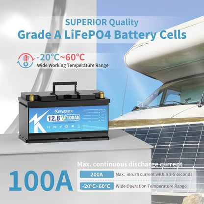 KEPWORTH 12V 100Ah Lithium Iron Phosphate Battery Upgraded BMS 6000 Cycles For RV Campers Golf Cart Off-Road Off-Grid Solar Wind