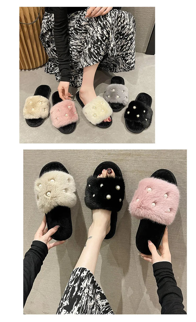 Perle Fluffy Slippers Home Winter Casual Designer Shoes Women 2025 New Luxury Indoor Plush Slides Girls Fashion Elegant Footwear