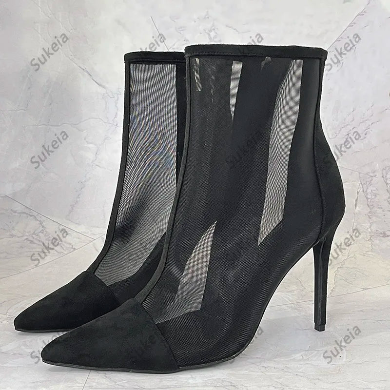 Sukeia Handmade Women Summer Ankle Boots Pointed Toe Sexy Stiletto Heels Pretty Black Casual Shoes Ladies US Plus Size 5-15