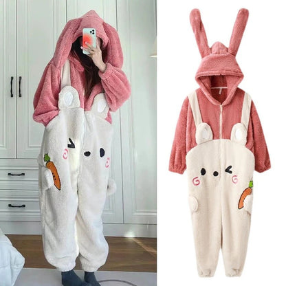 Winter Cute Plush One Piece Pajamas Women's Cartoon Carrot Bear Warm Hooded Zippered Pajamas Student Kawaii Couple Home Wear