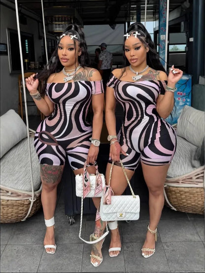 FAGADOER Sexy Stripe Print Bodycon Romper Women Off Showlder Backless One-piece Jumpsuits Hot Girl Streetwear Overalls 2025 New