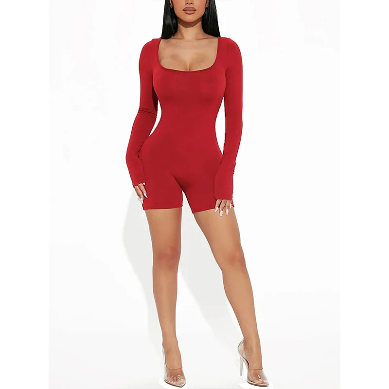 Fashion Long Sleeve Bodycon Jumpsuits for Women Short Pants Jumpsuits Rompers Crew Neck Sexy Tights One Piece Playsuit Romper