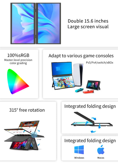 HGFRTEE 15.6 Inch Dual Portable Monitor for Laptop Screen Extender Stackable Foldable 315° Folding Stacked Triple Display