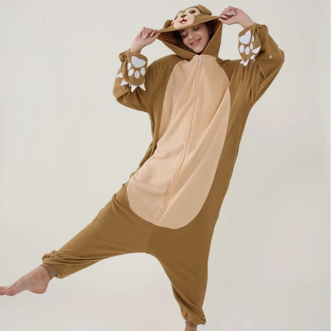 Adult Animal Brown Sloth Kigurumi Onesies Pajamas Cartoon Soft Fleece Gift Halloween Cosplay Costumes Button Jumpsuits
