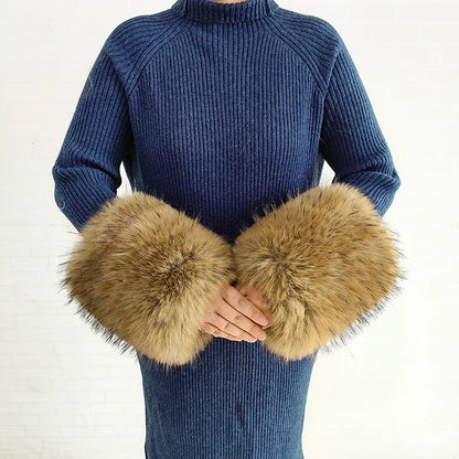 Large Women Faux Fox Fur Scarf Winter Jackets Warm Fluffy Shawl Fashion Artificial Fur Collar And Cuff Set Fluffy Scarves Female