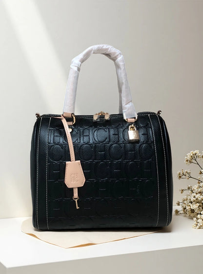 CH Carolina Herrera Boston Bag Women Leather Embossed Logo Shoulder Bag Luxury Travel Handbag Large Capacity