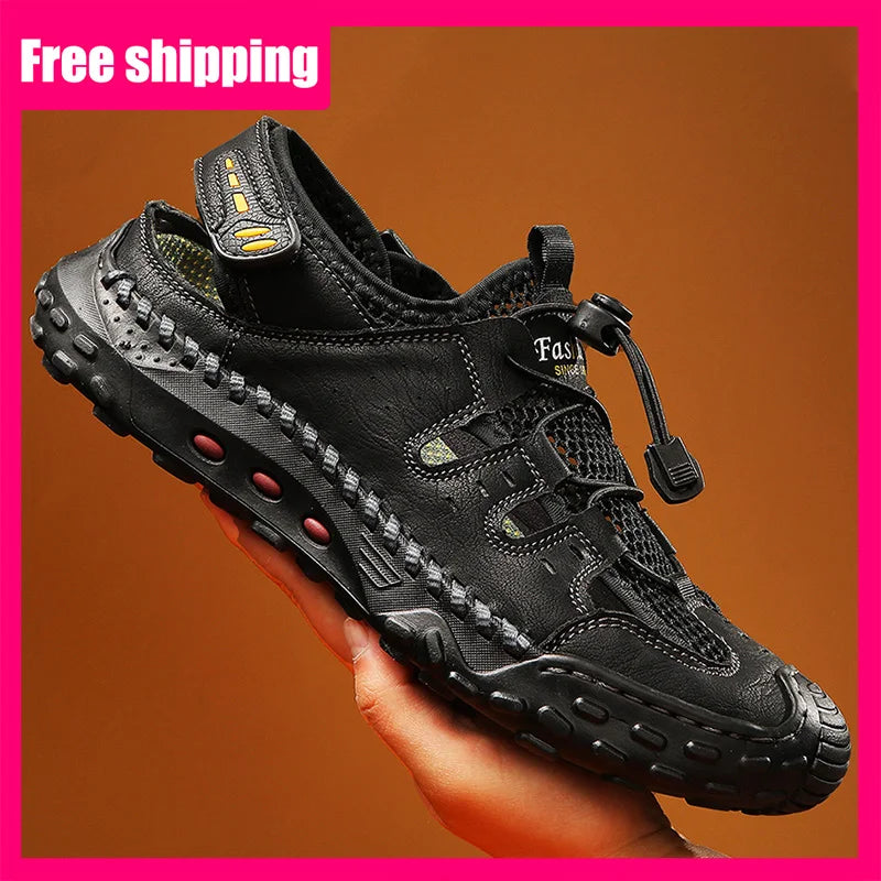 Men Sandals Comfortable Refreshing Mesh Hollow Beach Shoes Summer New Anti Slip Thick Bottom Bag Toe Casual Sandals for Teen