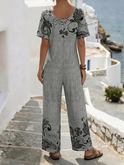Women's Paisley Floral Print Short Sleeve Wide Leg Jumpsuit, Scoop Neck Casual Romper with Pockets, Summer Boho Outfit