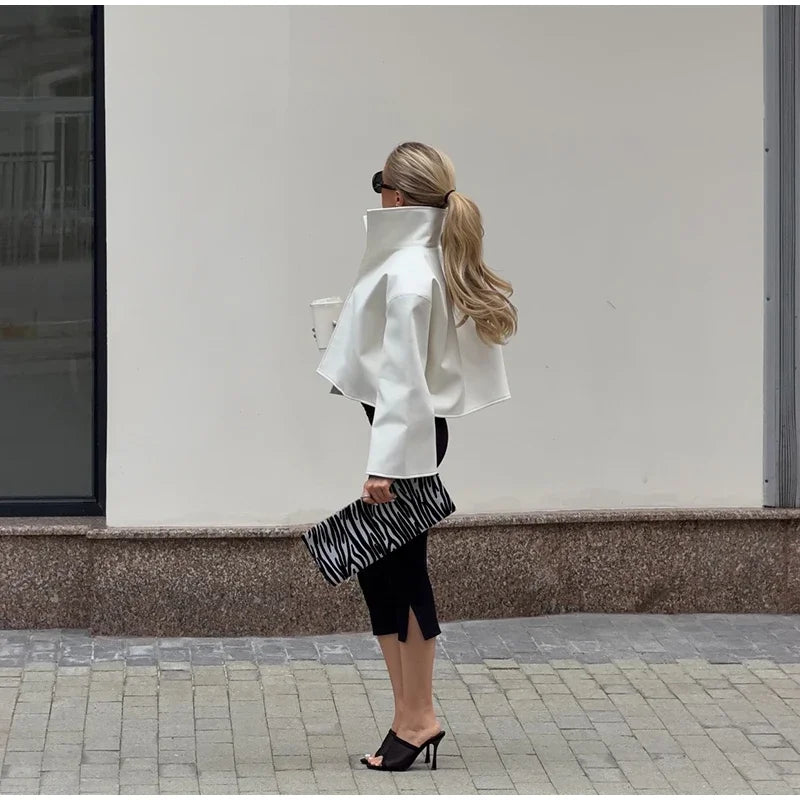 Women Cropped PU Leather Jacket Stand Collar Wide Flare Sleeve Asymmetrical Wrap Open Front Coat 2026 Autumn Chic Loose Jackets