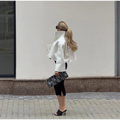 Women Cropped PU Leather Jacket Stand Collar Wide Flare Sleeve Asymmetrical Wrap Open Front Coat 2026 Autumn Chic Loose Jackets