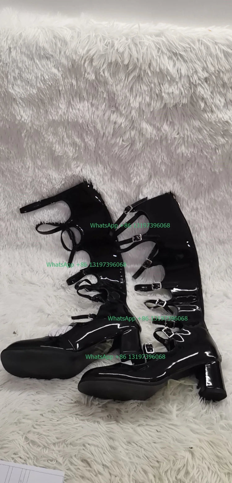 Lady buckle hollow chunky heel calf boots summer dress party solid shoes Mary Jane leather PU boots office lady shoes footwear