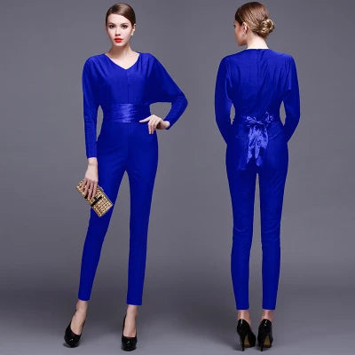 Fashion Women Long Sleeve Sexy V Neck Wide Leg Rompers Belted High Waist Jumpsuits Long Office Ladies Outfits Jumpsuit Colors