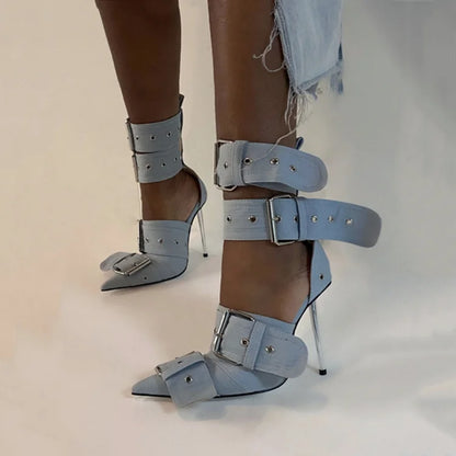 New Women Denim Metal Rivet Buckle Sandals Women Sexy Punk Style Pointed Hollow Metal 11cm High Heel Knee High Boots Size34-43