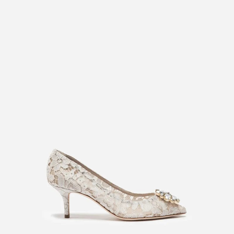Mesh lace high-heeled shallow mouth shoes 2026 new pointed crystal buckle slim heel fashionable banquet women's single shoes