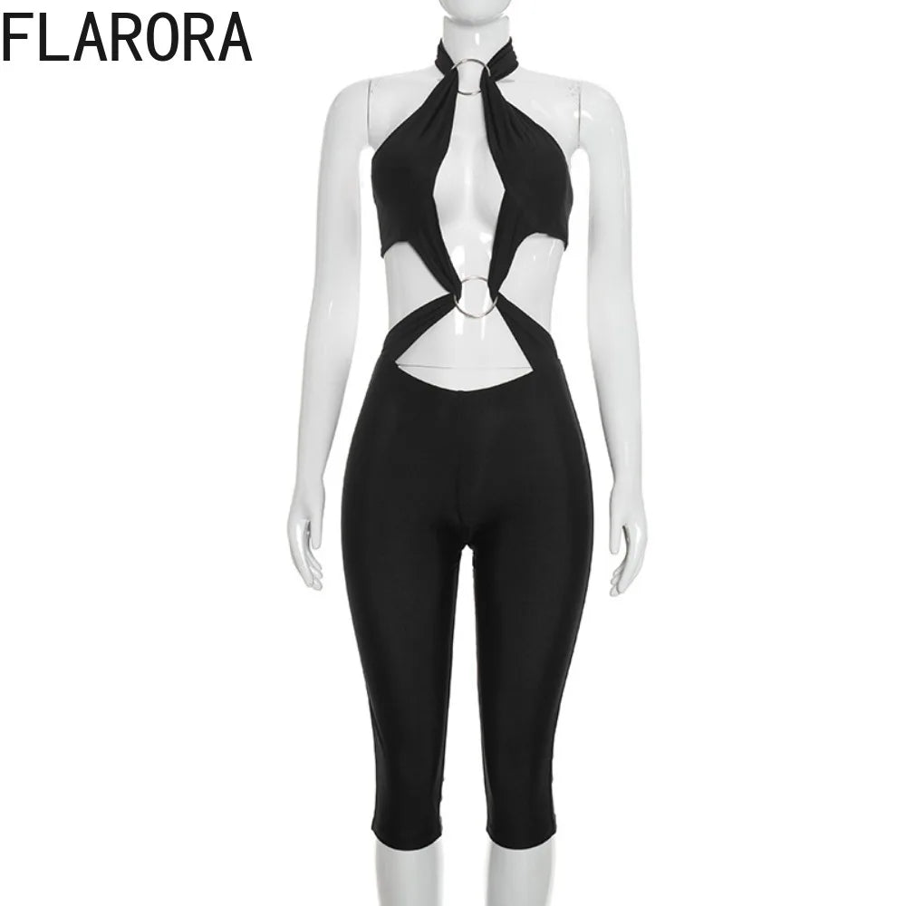 FLARORA Sexy Hollow Out Jumpuits Woman Metal Ring Decoration Halter Sleeveless Backless Skinny Rompers Midnight Party Clubwear