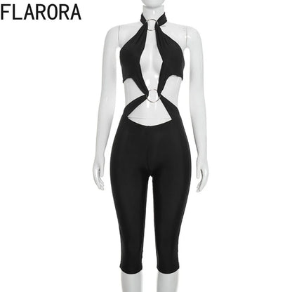FLARORA Sexy Hollow Out Jumpuits Woman Metal Ring Decoration Halter Sleeveless Backless Skinny Rompers Midnight Party Clubwear