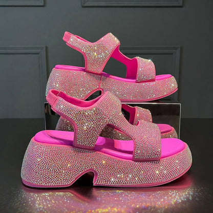 Fashion Luxury Rhinestone Women Sandals Summer New Sheepskin Elastic Band Thick-soled Open-toed Roman Flat Sandals