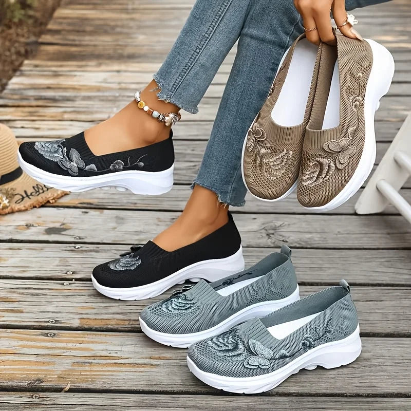 2026 Summer Women Breathable Knit Floral Embroidery Platform Loafers Slip On Walking Shoes Lightweight Soft Cushion Insole Anti Slip Wedge Sole Comfort Casual Daily Outdoor Travel Nurse Footwear Black Khaki Green Multiple Siz