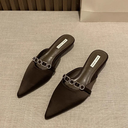 2025 New Luxury Fashion Rhinestones Ladies Heeled Slippers Sandals Shoes Female Low Heel Slides Slippers Shoes for Women Mules