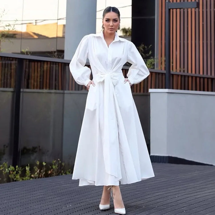 Fashion Women's Shirt Style Dress Waist-Closed Long Sleeve Turn-Down Collar Lace Up Dresses 2025 Summer Casual Female Vetidos