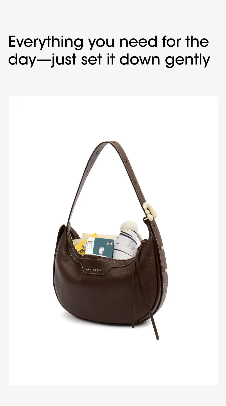 Amazing Song Original Design Half Moon Bag Small Top Grain Leather 2026 New Fashionable Women's Bags