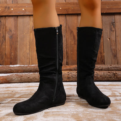 Hot Sale Womens Boots Side Zip Mid Calf Boots Trend Suede Women Flat Boots Luxury Plus Size Women Shoes High Quality Botas Mujer