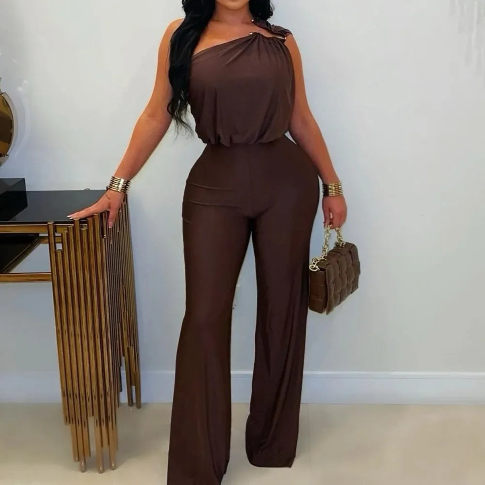 HLJ Winter New Sexy Bodycon Jumpsuits Woman Solid Color Off Showlder Metal Buckle Patchwork Rompers Female Streetwear Overalls
